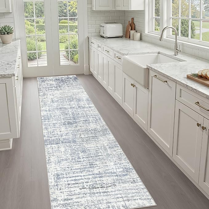 Runner Rug Non-Slip Kitchen Rug: 3x10 Washable Abstract Modern Soft Stain Resistant Indoor Floor Neutral Accent Throw Carpet for Hallway Bathroom Laundry Room Bedroom Entryway- Blue