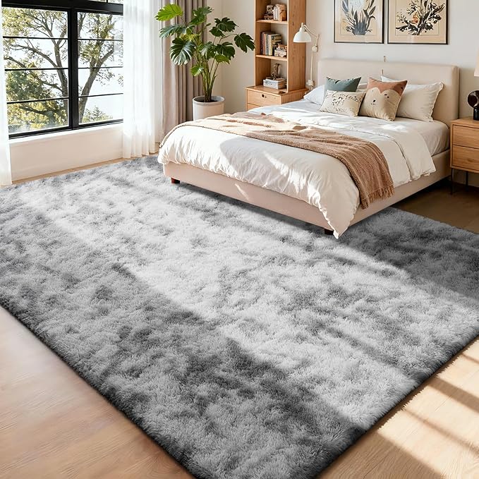 Modern Soft Fluffy Small Shaggy Rug for Bedroom Livingroom Dorm Kids Room Indoor Home Decorative, Non-Slip Plush Furry Fur Area Rugs Comfy Nursery Floor Carpet 7X10 Feet,Tie-Dyed Light Grey