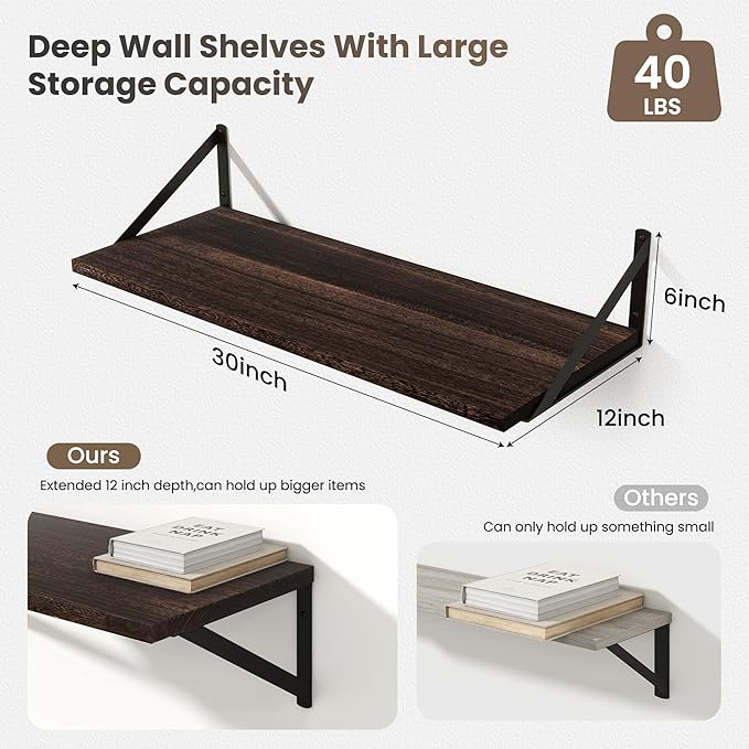 Marsmiles Deep Floating Shelves for Wall - 30 Inch Wide x 12 Inch Deep Wall Shelves Set of 2 - Rustic Wood Floating Shelves for Living Room Bedroom Bathroom