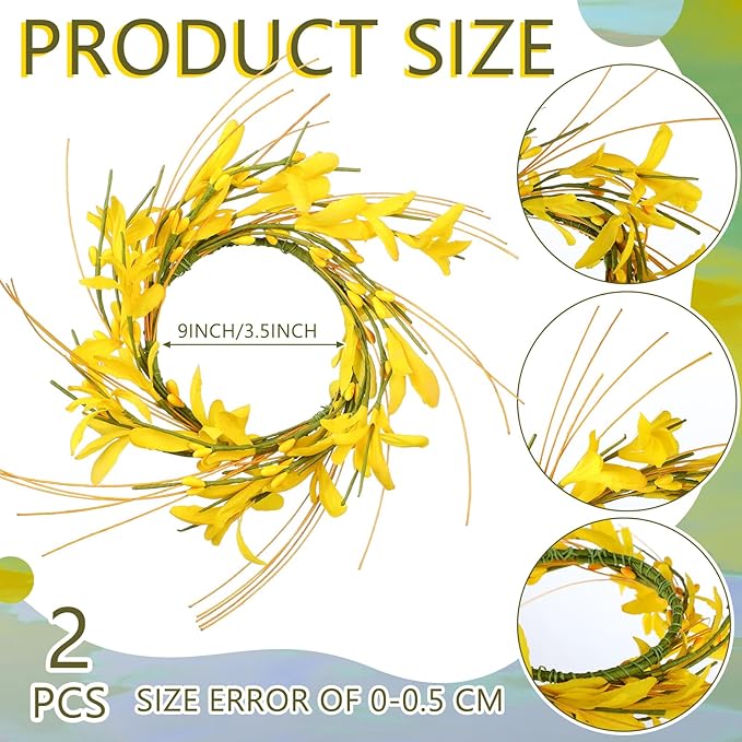 Daifunli 2 Pcs Spring Forsythia Candle Rings Artificial Forsythia Farmhouse Wreaths for Pillar 3.9 Inch Candles Holder for Spring Summer Rustic Table Centerpiece Decor