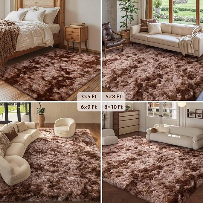 FinRèc 5x8 Feet Brown Rugs for Living Room Bedroom, Large Plush Fluffy Shag Area Rug, Non-Slip Fuzzy Furry Shaggy Rug for Kids Room Dorm Room Home Decor, High Pile Soft Floor Carpet