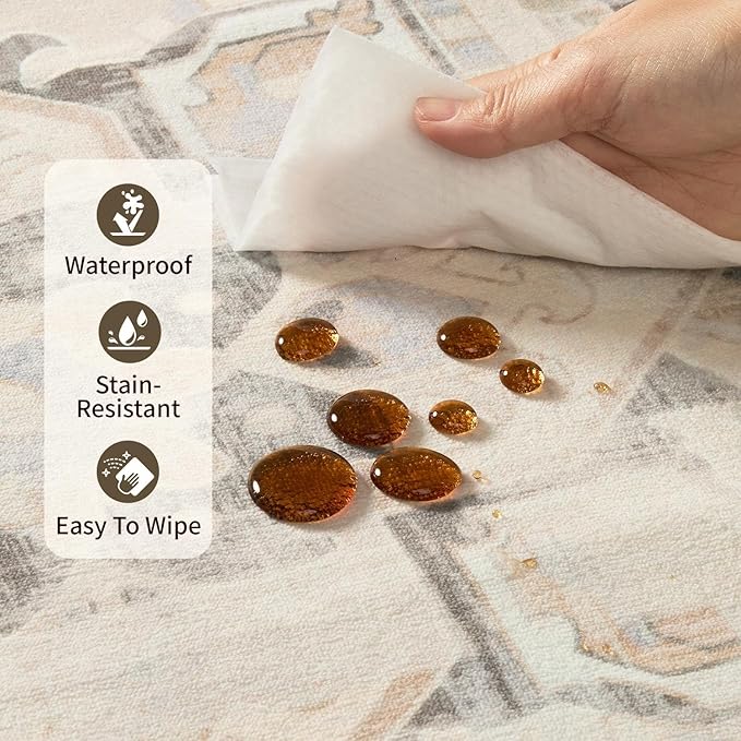 Rugxara 5X7 Washable Area Rug for Living Room, Vintage Large Boho Rugs for Office, Dining Room, Kids Room, Farmhouse, Durable Low Pile Non Slip Carpet for High Traffic Areas, Brown