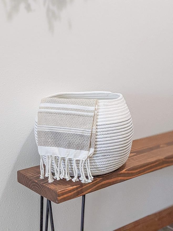 Goodpick Round Cotton Rope Storage Basket for Living Room, Bathroom, Kids' Corner & Shelves, Stores Towels, Cat Toys, Plants, White, 10"D x 8.3"H
