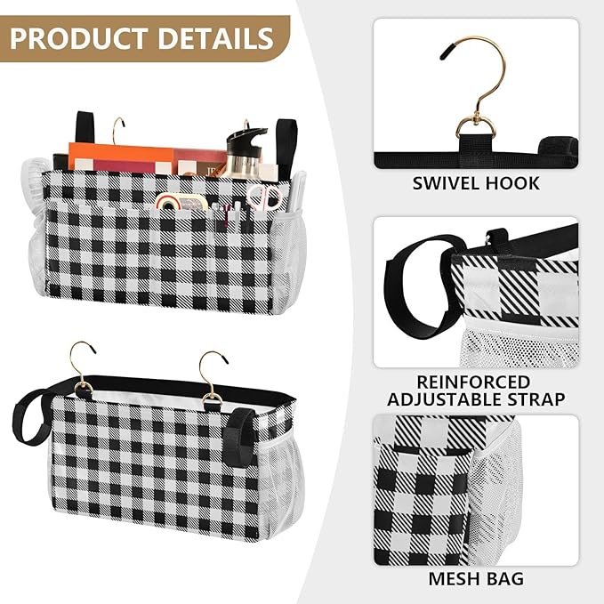 Buffalo Plaid Check Black Print Bedside Caddy Storage Bag Bedside Organizer for Bunk Bed Headboards College Organizer Caddy Hanging Shelf 6 Pockets with Hooks for Drinks Magazine Phone Holder