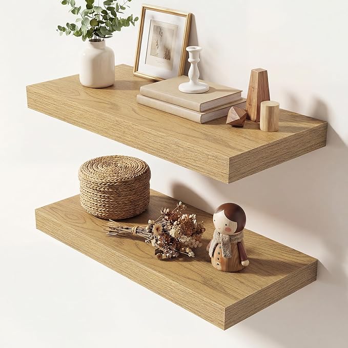 Dreamland 20 Inches Floating Shelves for Wall, 9.3" Deep Long Floating Shelves Set of 2, Large Display & Storage Shelf, Wall Shelf for Bathroom Bedroom Living Room Kitchen Office, Oak