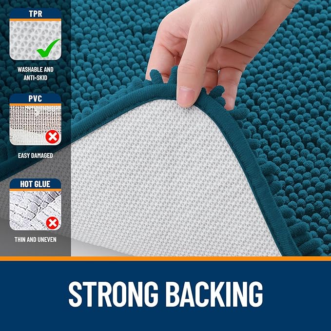 OLANLY Bathroom Rugs 34x21, Extra Soft Absorbent Chenille Bath Rugs, Rubber Backing Quick Dry, Machine Washable Bath Mats for Bathroom Floor, Tub and Shower, Home Decor Accessories, Peacock Blue