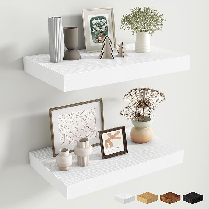 Fun Memories Wood Floating Shelves 16 Inch, 10 Inch Deep Shelves Wall Mount, Wall Shelves with Invisible Bracket, 16" Floating Shelves for Living Room Bathroom Bedroom, White, Set of 2