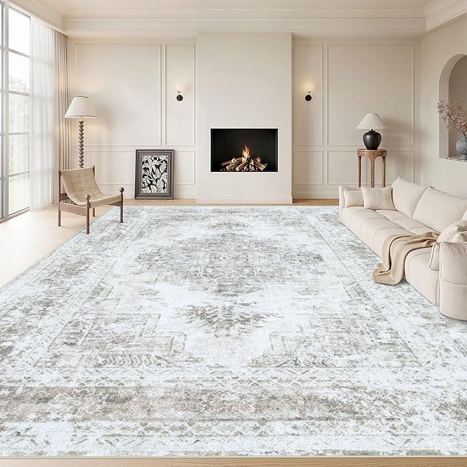 XLUEZ Area Rug 9x12 Living Room Rug, Machine Washable Vintage Distressed Medallion Rug Non-Slip Soft Low Pile Large Indoor Rugs for Bedroom Kitchen Dining Room Office(Taupe,9'x12')