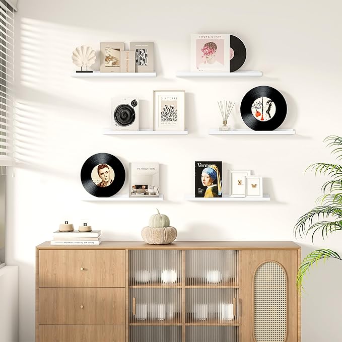 Fun Memories Floating Picture Ledge Shelves, Wall Mounted Wood Storage Shelf for Bedroom, Living Room, Bathroom, Kitchen, Nursery, Display Picture Ledge Shelf Set of 2-16 Inches, White