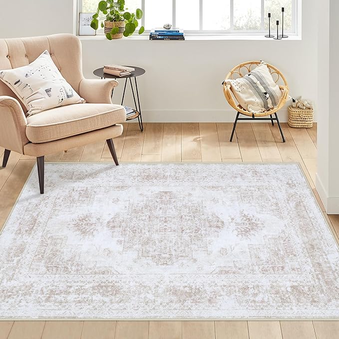 XLUEZ Bedroom Rug 3x5 Vintage Rugs, Machine Washable Small Area Rug Retro Medallion Distressed Rugs Non-Slip Soft Low Pile Throw Rug for Entryway Bedroom Bathroom Hallway Kitchen(Beige,3'x5')