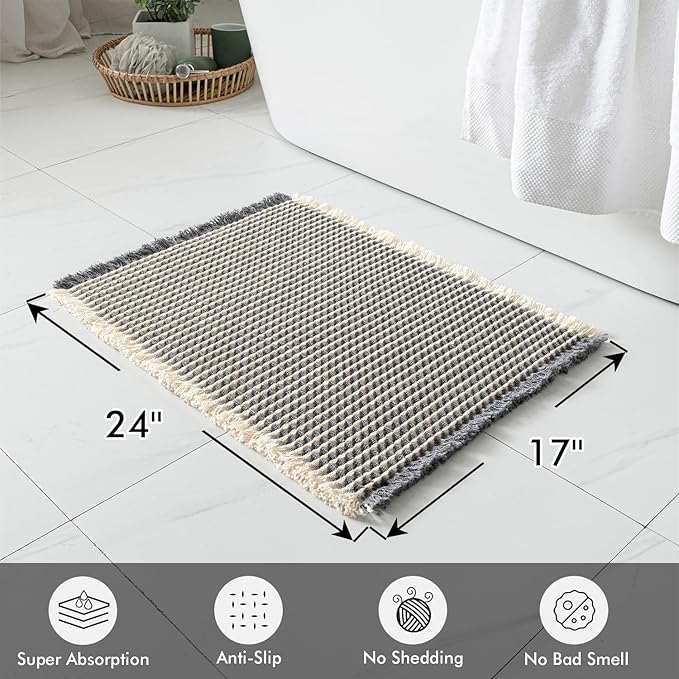 MIULEE Set of 2 Waffle Bathroom Rugs, Boho Bath Rugs Non Slip Washable, Super Absorbent Bath Mats, Ultra Soft Rubber Backed Shower Mats for Bathroom Floor, Tub, Dark Grey & Yellow, 17x24 Inch