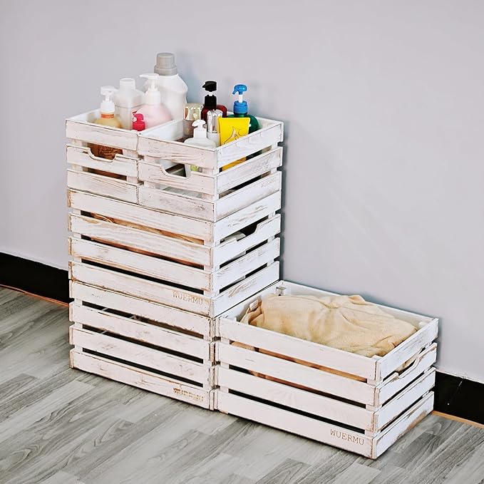 White Wooden Crates, Set of 4 for Storage, Milk Crate, Wine Box, Festival Decorations, and Camping, 12.2 Inch Multi-Purpose Sturdy Wood Boxes.