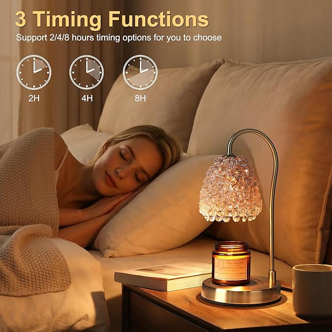 Candle Warmer Lamp with Timer Dimmer, Crystal Candle Lamp Birthday Gifts for Women, Mom, House Warming Gifts Wax Melt Warmer for Jar Candles with 2 Bulbs, Gold