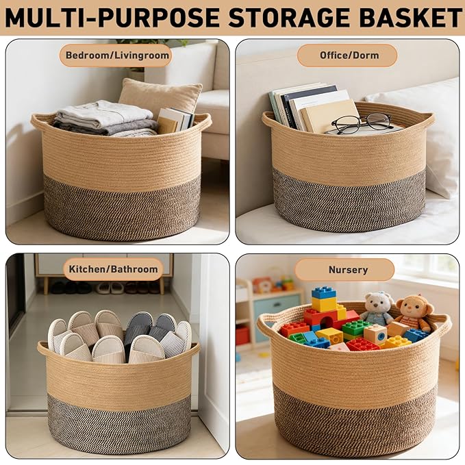 90L Extra Large Blanket Basket,Rope Woven Storage Basket with Handles, Laundry Hamper for Toys, Clothes, Pillows & Towels, Perfect for Living Room, Nursery & Bedroom,Jute&Black