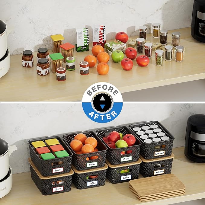 Anysig 8 Packs Plastic Storage Bins with Bamboo Lids - Stackable Storage Bins Decorative Small Basket Containers for Organizing Shelves Office Classroom Desktop Closet, Black