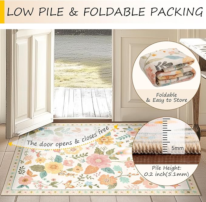 RELEANY Floral Nursery 2x6 Area Rugs Washable Print Boho Cute Carpet Non Slip Flower Low Pile for Living Room Kids Girls Playroom Bedroom Kitchen Office Farmhouse-Beige/White/Orange