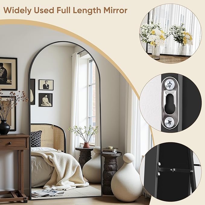 69"x28" Full Length Mirror, Arched Full Body Mirror, Standing Hanging or Leaning Floor Mirror for Bedroom and Living Room, Black