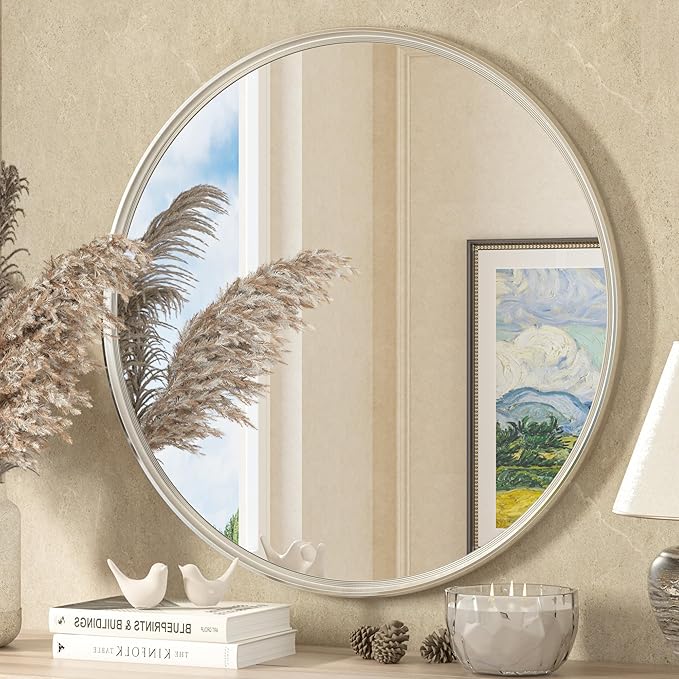 TETOTE Brushed Nickel Mirror 30 inch Round Mirror for Wall, Bathroom, Living Room, Bedroom, Vanity, Entrance