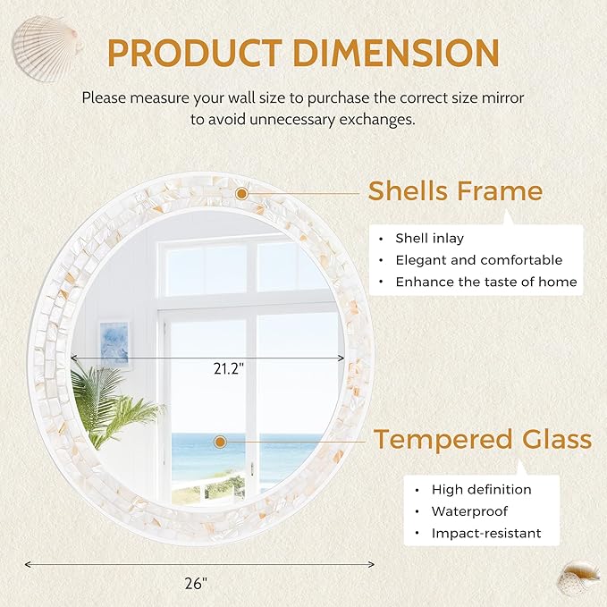 Tanmicoshomy Round Bathroom Mirror 26 Inch, Circle Mirror with Natura Shell Inlay Frame, Decorative Round Mirror for Bathroom Bedroom Living Room Entrayway