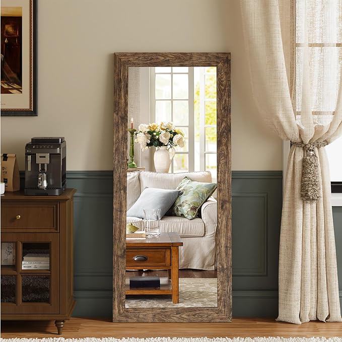 Syndra Modern Full Length Mirror Wood Frame, 56x20'' Large Floor Mirror with HD Tempered Glass & Wall Mount Option, Rectangular Standing Mirror for Bedroom, Living Room, Entryway, Farmhouse(Walnut)