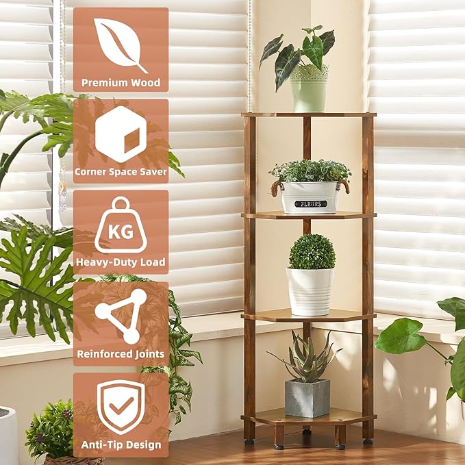 YUFAM 4-Tier Corner Shelf with Sturdy 5-Leg Base, 40in Tall Narrow Bookcase for Small Spaces, Wooden Plant Display Shelf, Thin Bookshelf for Living Room, Bedroom, Office, Brown