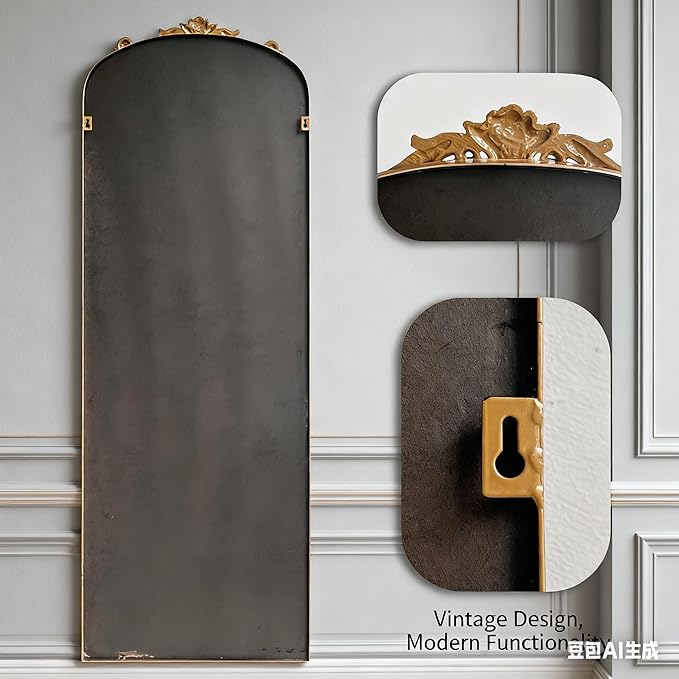HQiJun Full Length Wall Mirror Decorative Full Body Mirrors Traditional Antique Arched Farmhouse for Living Room Bedroom Entryway Bathroom Vanity (58X13 Inches, Gold)