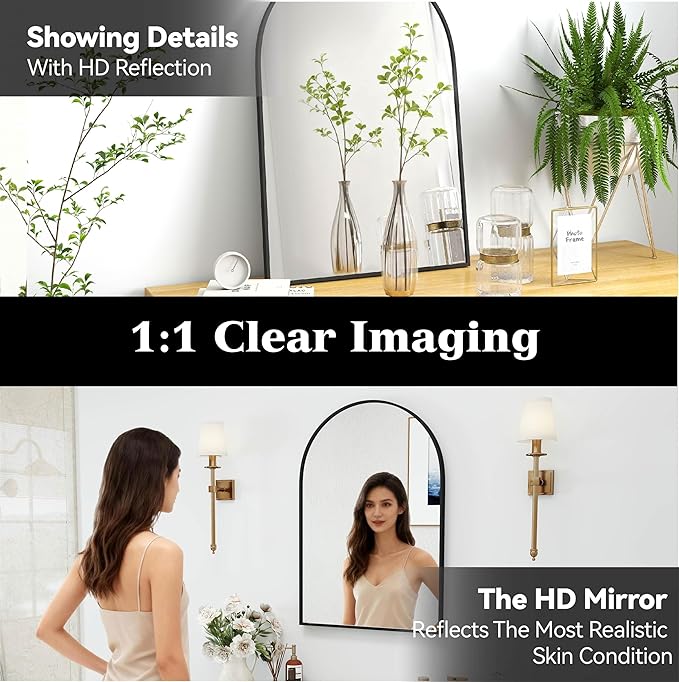 SCWF-GZ 30x20 Arch Mirror Rectangle Wall Mounted Hanging or Against Wall Aluminum Alloy Metal Frame Dressing Make-up Mirrors for Entryway Bedroom Bathroom Living Room 30 20 inch Black