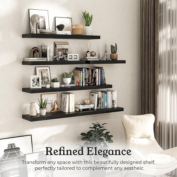 Floating Shelves for Wall, 9.3" Deep Wall Mounted Wood Shelves for Bathroom, Bedroom, Living Room, Kitchen, Hanging Shelf for Books/Storage/Room Decor (Black, 36")