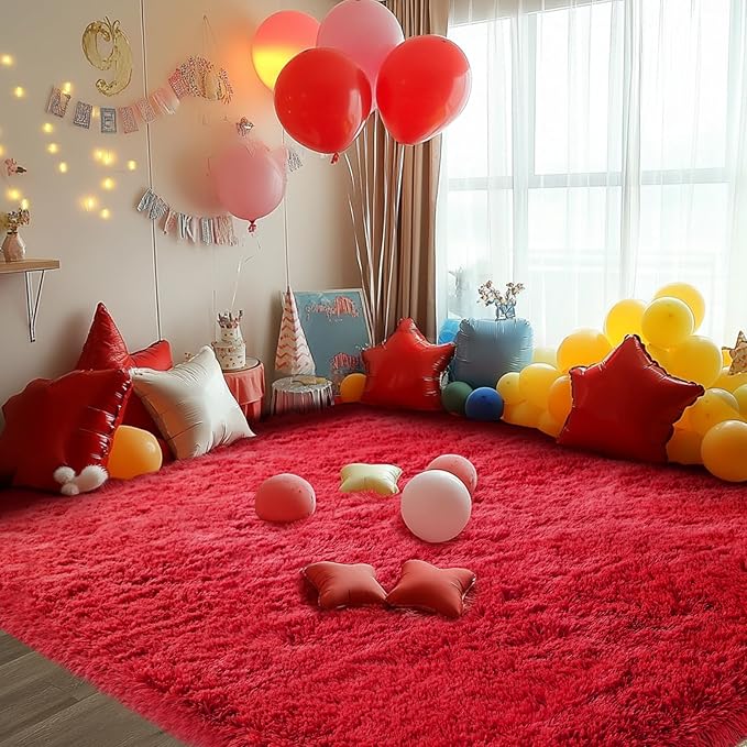 Red Fluffy Area Rug for Bedroom: Soft Plush Rugs for Living Room & Kids Room - Shaggy Carpet for Valentine's Day Decor