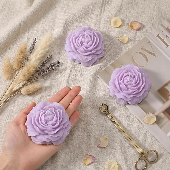 Roowest 3 Pcs Flower Shape Trendy Candles Floral Shaped Aesthetic Candle Soy Wax Handmade Minimalism Decorative for Home Spa Yoga Decor Art Gift (Purple)