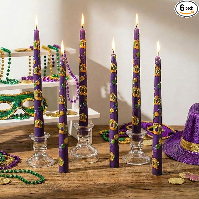 Threlaco 6 Pcs Mardi Gras Taper Candles 9.8" Purple Green Gold Beads Crowns Long Taper Candlesticks New Orleans Decorations Unscented Candles for Mardi Gras Party Gift Home Table Decor