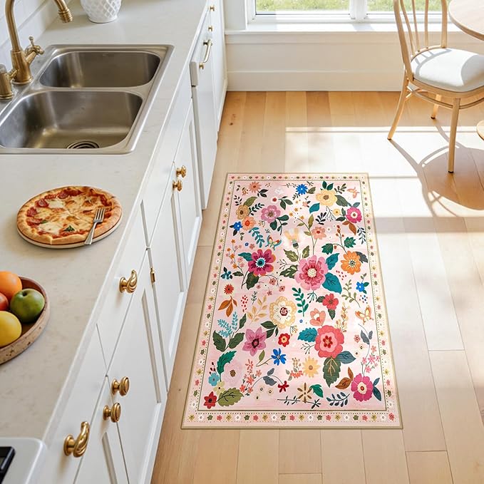 RELEANY Floral Nursery 2x4 Area Rugs Washable Print Boho Cute Carpet Non Slip Flower Low Pile for Living Room Kids Girls Playroom Bedroom Kitchen Office Farmhouse-Pink