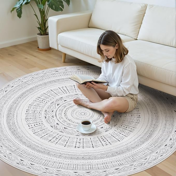 cotiled 6x6 Round Area Rug Living Room: Washable Boho Rugs with Non Slip Backing Large Soft Indoor Stain Resistant Carpet for Bedroom Farmhouse Dining Room Lightweight Home Decor Dark Grey