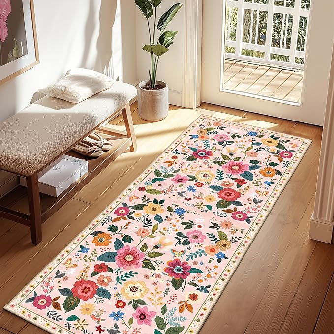 RELEANY Floral 2x6 Area Rug Machine Washable Soft Print Boho Carpet Non Slip Doormat Low Pile Flower Area Rugs for Living Room Bedroom Nursery Kitchen Dining Room Indoor-Pink