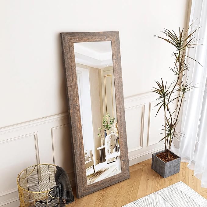 Syndra Farmhouse Full Length Mirror 61x22'', Rustic Floor Mirror, Large Dressing Mirror for Bedroom, Bathroom, Living Room, Vintage Solid Wood Frame, Wall Mounted or Leaning Against Wall Decor