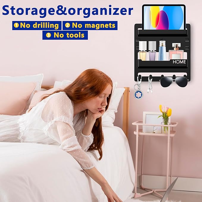 Bedside Wall Mount Organizer,Bedside Wall Shelf Accessories Floating Shelves Stick On for Bedroom Storage Organization,Aesthetic Room Dorm Decor for Girls,Cute Stuff for Teens,5 Hooks-Black
