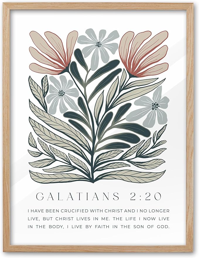 EcoHest Bible Verse Floral Framed Wall Art, 12x16 in OAK Wood Boho Abstract Flowers Canvas Wall Art, Galatians 2:20 Home Decor, Beige Logs Boho Christian Set of 1 for Bedroom Living Room