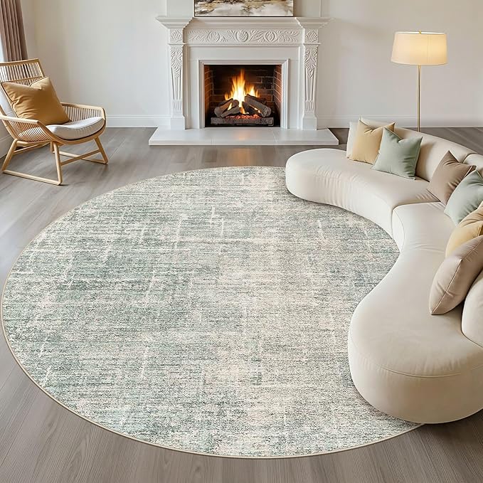 10ft Round Rug Living Room: 10x10 Washable Large Neutral Green Circle Area Rug Abstract Soft Modern Stain Resistant Indoor Floor Non-Slip Carpet for Bedroom Nursery Kids Office Playroom Dining Room