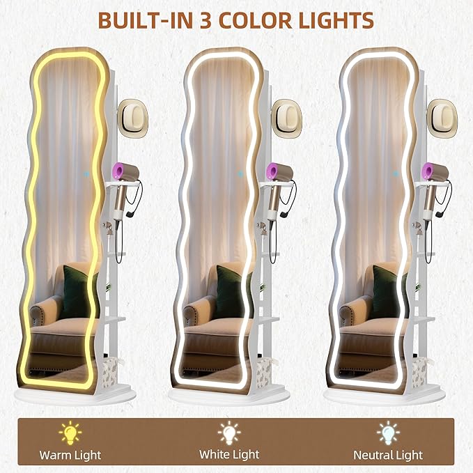 Vlsrka LED Mirror Jewelry Cabinet Standing, 360° Swivel Jewelry Aromire Organizer with Wavy Mirror, Lockable Jewelry Mirror with Storage, Jewelry Cabinet, Interior Mirror, Flodable Shelf, (LED White)