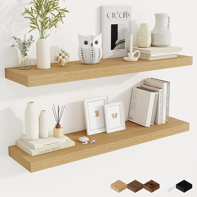 Fun Memories 40 Inch Oak Floating Shelves, 9.3 Inch Deep Wall Shelves for Living Room|Bedroom|Kitchen, Rusitc Wall Mounted Bathroom Shelves 2 Pack, Heavy-Duty Deep Shelf for Books，Decor