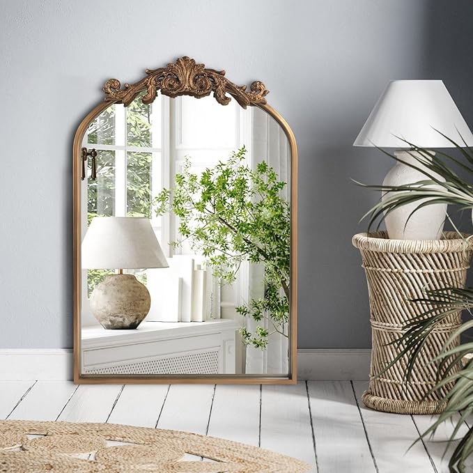 HQiJun Wall Mirror Window Decorative Traditional Vintage Ornate Baroque Mirrors Antique Arched Farmhouse for Living Room Bedroom Entryway Bathroom Vanity (27 * 19 * 1.2, Gold)