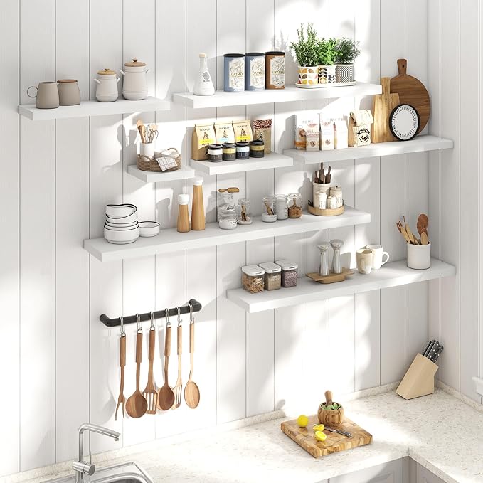 36 Inch Floating Shelves for Wall with Invisible Brackets Set of 2, 8"D Engineered Wood Wall Shelves with Wood Grain for Living Room, Bedroom, Bathroom, Kitchen Decor and Storage, White Finish