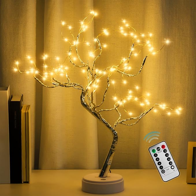 2 Pack 108 LED Sparkly Fairy Spirit Tree Lamp Remote Control, DIY Artificial Tree Lamp, 8 Modes USB/Battery Tabletop Bonsai Tree Light for Bedroom Desktop Christmas Indoor Decor (Warm White)