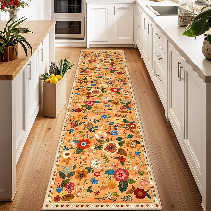 RELEANY Floral Nursery 2x8 Area Rugs Washable Print Boho Cute Carpet Non Slip Flower Low Pile for Living Room Kids Girls Playroom Bedroom Kitchen Office Farmhouse-Yellow/Orange