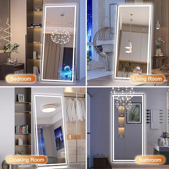 Hasipu Full Length Mirror with Lights, 71" x 27.6" LED Lighted Floor Standing, Full Body Dressing Hanging Mounted Mirror, Tempered Glass, Square White