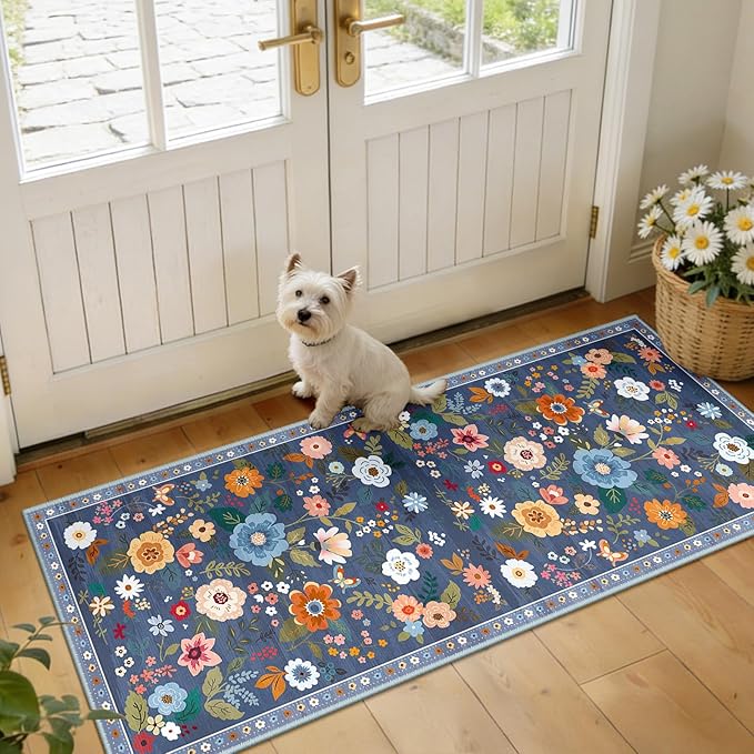 RELEANY Floral Nursery 2x5 Area Rugs Washable Print Boho Cute Carpet Non Slip Flower Low Pile for Living Room Kids Girls Playroom Bedroom Kitchen Office Farmhouse-Blue/Grey