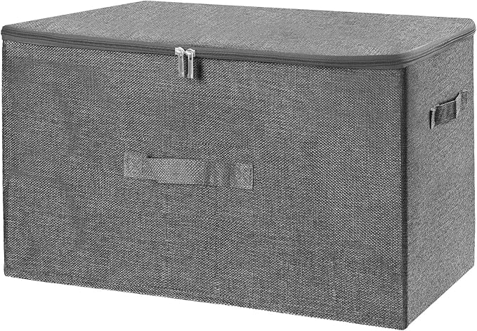 ANMINY 2PCS Storage Bins with Zipper Lids 51.9 Qt Lidded Fabric Storage Boxes Baskets Cubes with Handles Collapsible Washable Cotton Linen Closet Shelf Clothes Organizer - Gray, Extra Large