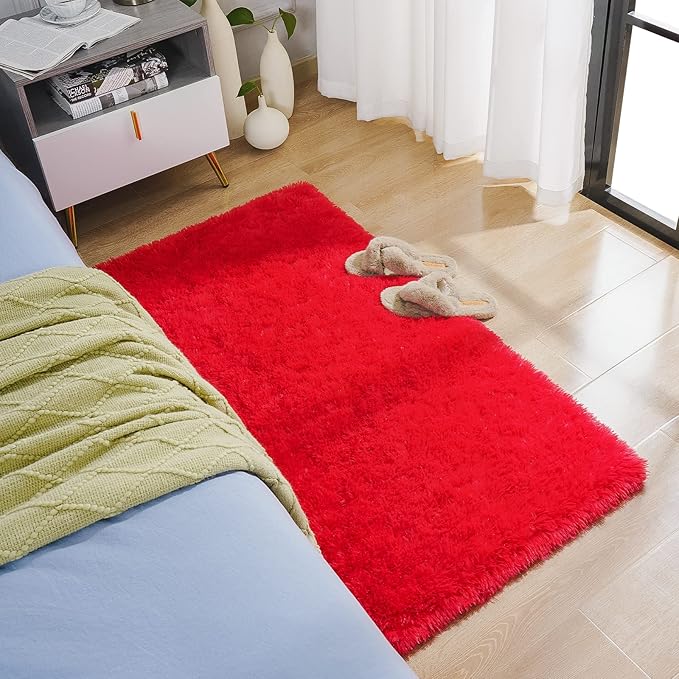 BENRON Fluffy Runner Rugs 2x4, Soft Long Runners for Bedroom Hallyway Entryway Kitchen, Washable Fuzzy Throw Rug for Kids Girls Room Decor Photo Prop, Red