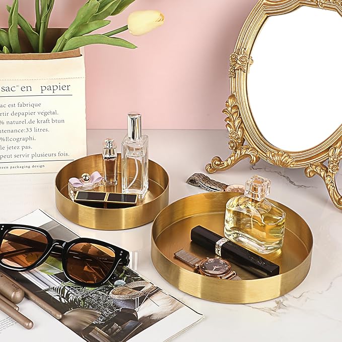 Hipiwe Round Key Bowl for Entryway 7.1" Gold Decorative Tray Jewelry Ring Dish Stainless Steel Candle Holder Plate Perfume Tray Metal Vanity Trays for Bathroom Dresser Home Decor
