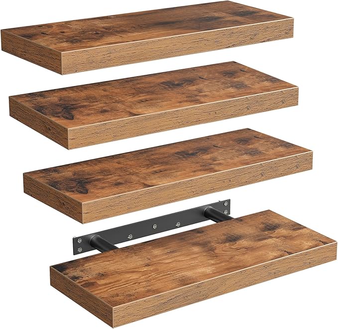 RALGEND Floating Shelves for Wall, 1.5" Thick Wall Shelf Set of 4 with Invisible Brackets, 15.7L x 7.9W Hanging Shelves Farmhouse Home Decor for Bathroom, Living Room, Bedroom, Rustic Brown 4301BJP4BF